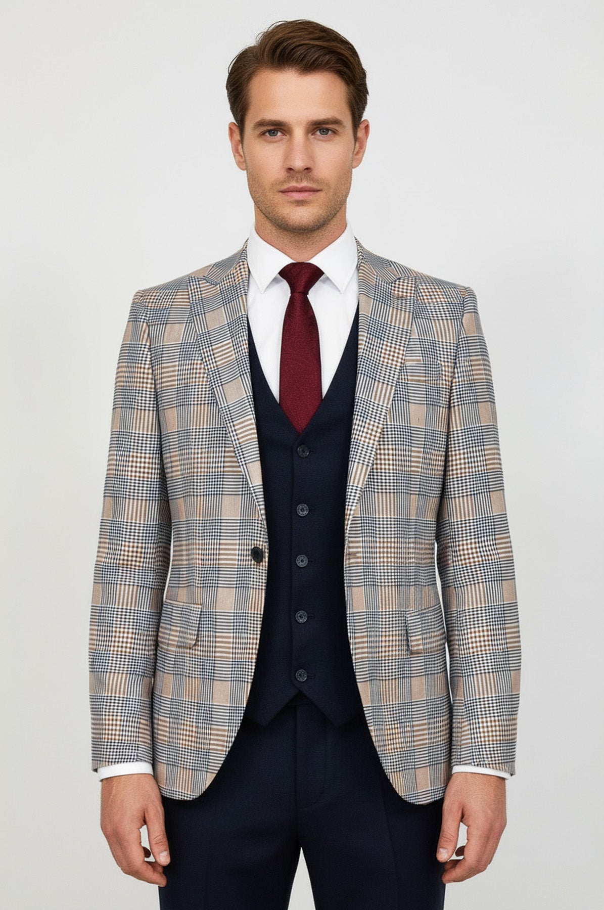 Checked Slim Fit Brown Men Suit - Wessi