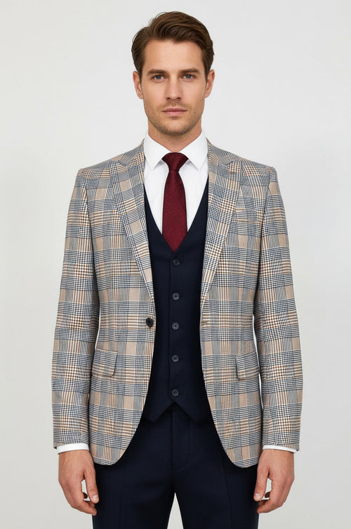 Checked Slim Fit Brown Men Suit - Wessi
