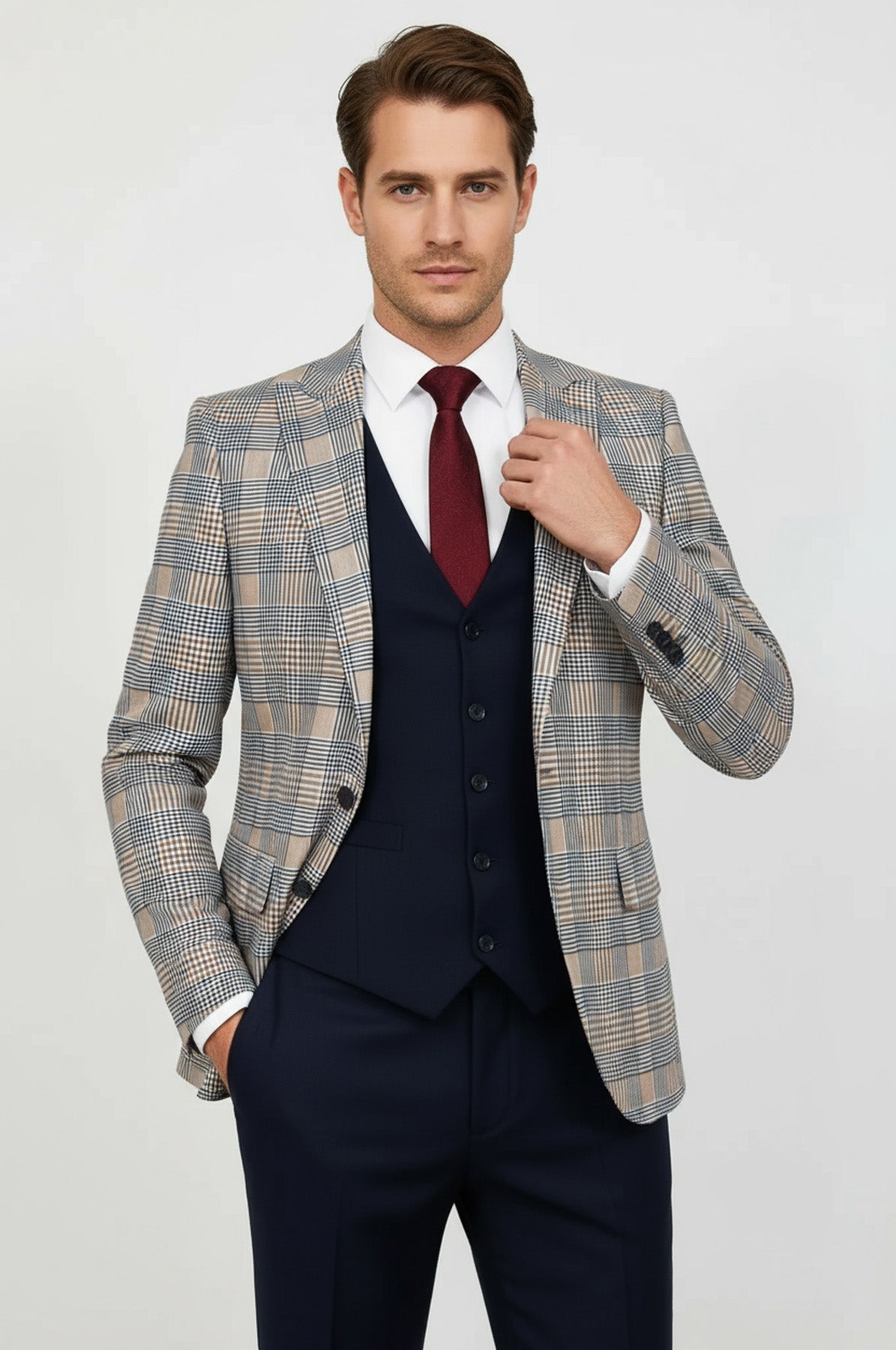 Checked Slim Fit Brown Men Suit - Wessi