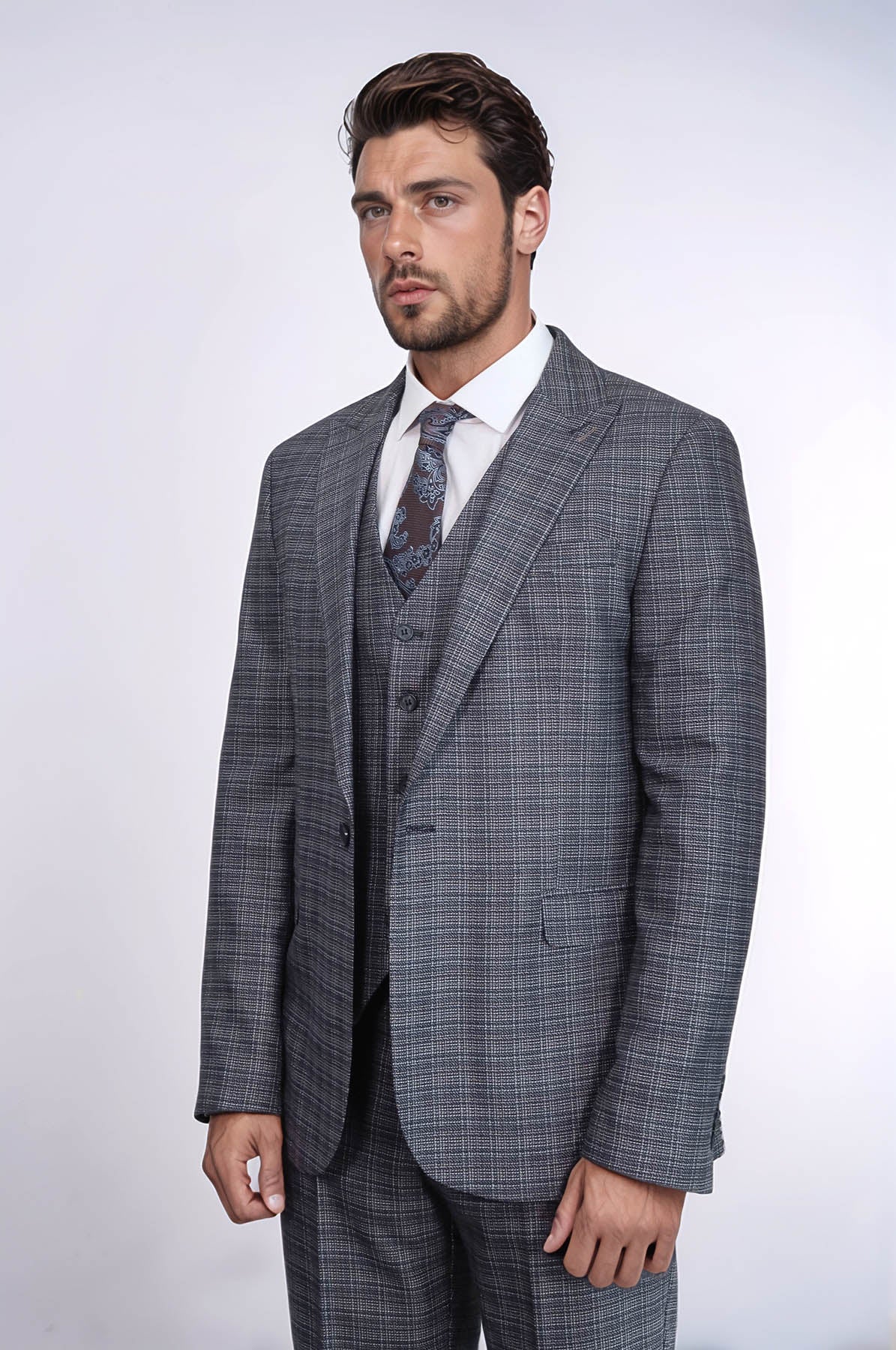 Patterned Vested Slim-Fit Navy Blue Men Suit - Wessi