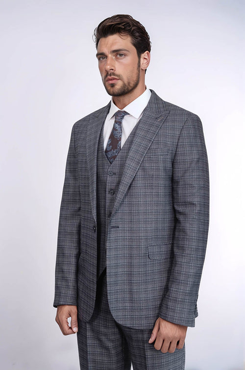 Patterned Vested Slim-Fit Navy Blue Men Suit - Wessi