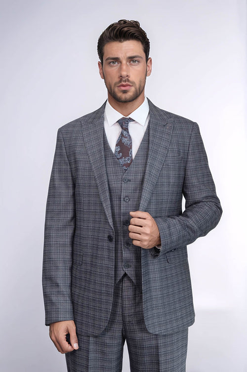 Patterned Vested Slim-Fit Navy Blue Men Suit - Wessi