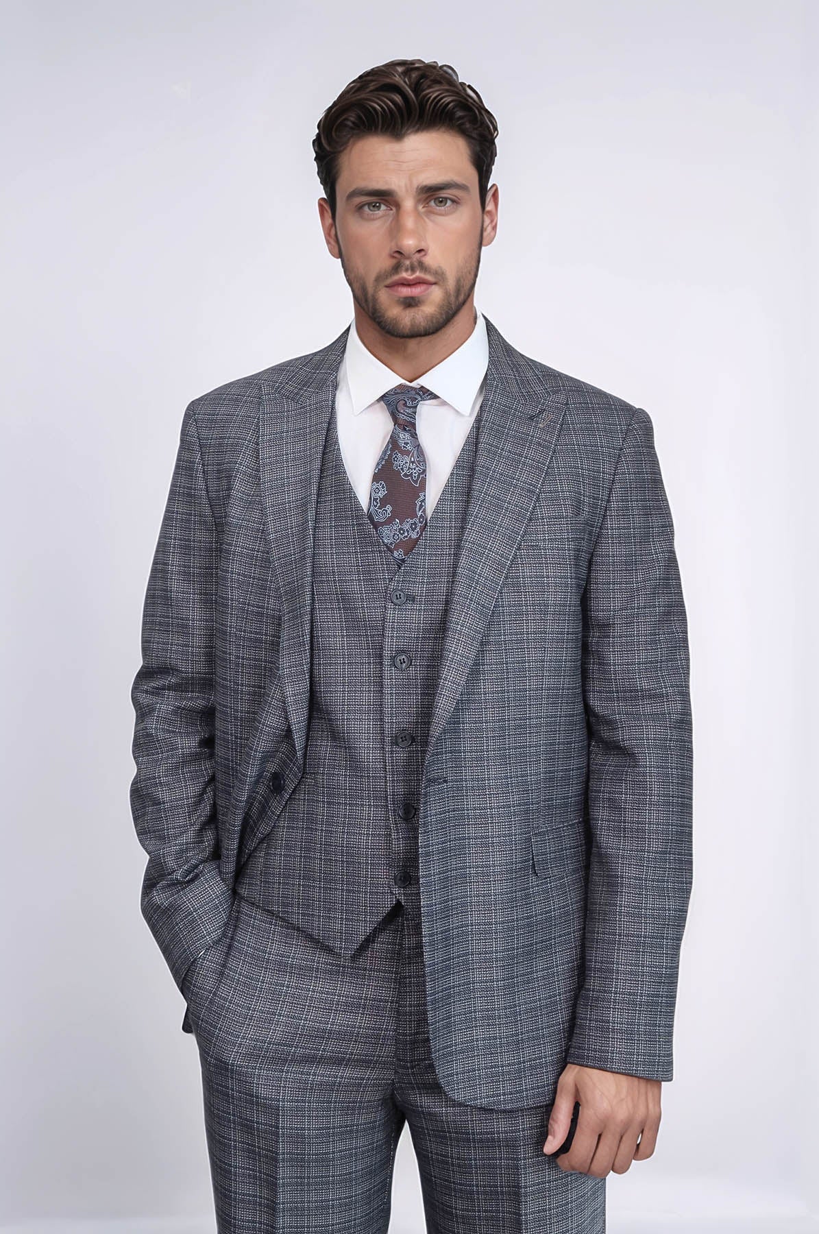 Patterned Vested Slim-Fit Navy Blue Men Suit - Wessi