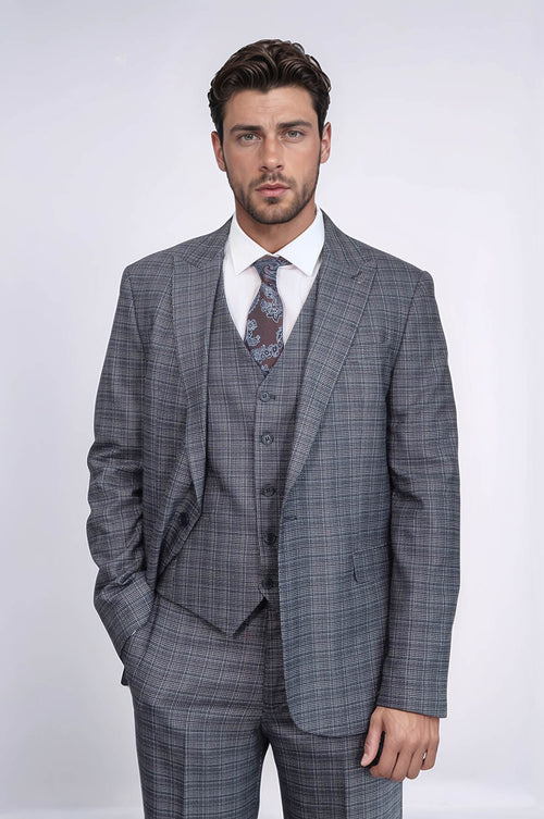 Patterned Vested Slim-Fit Navy Blue Men Suit - Wessi