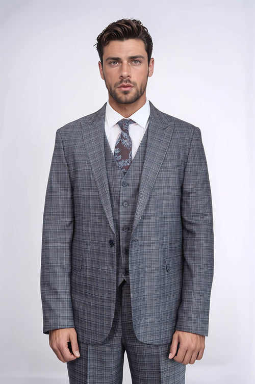 Patterned Vested Slim-Fit Navy Blue Men Suit - Wessi