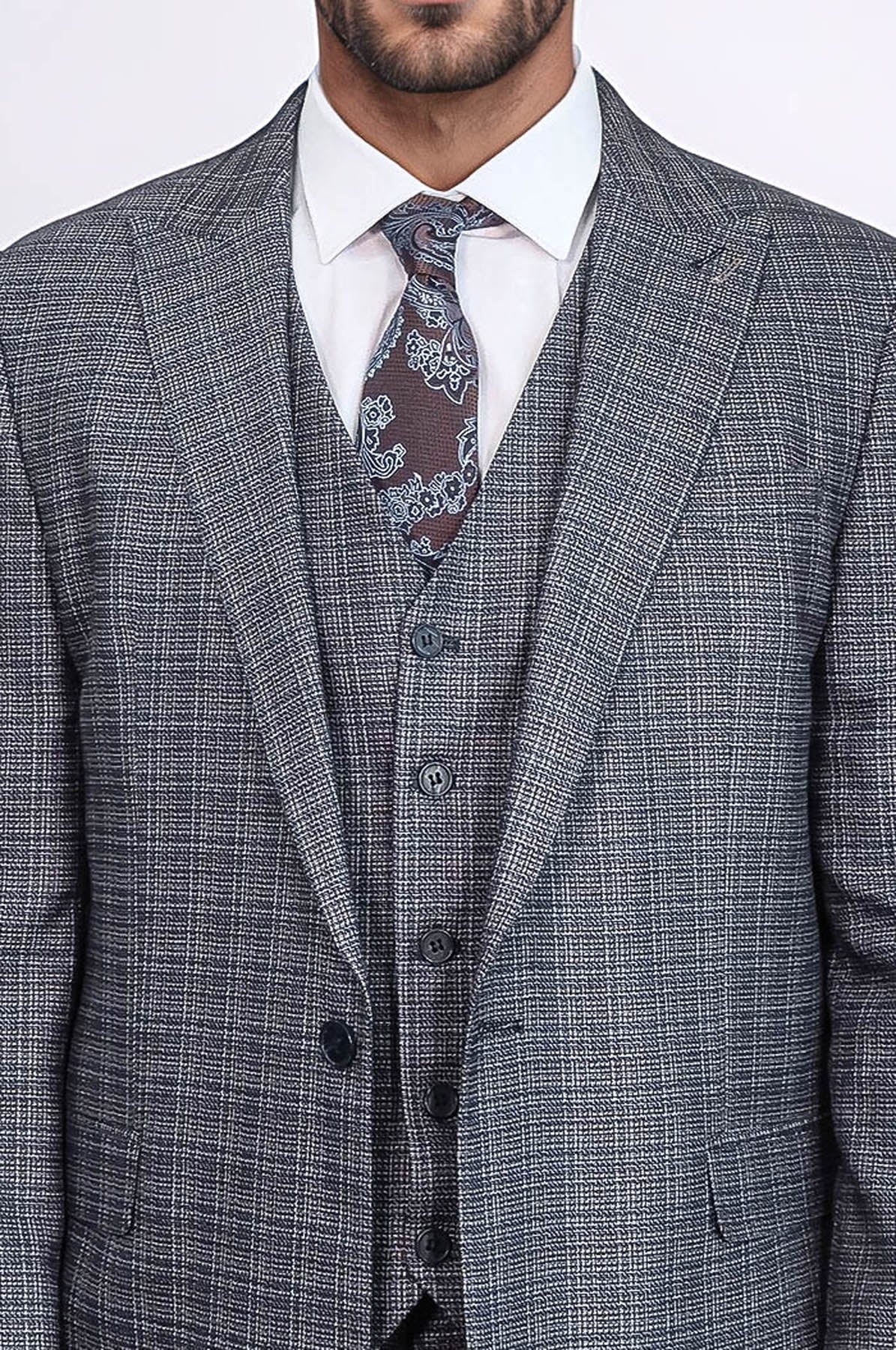 Patterned Vested Slim-Fit Navy Blue Men Suit - Wessi