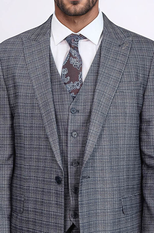 Patterned Vested Slim-Fit Navy Blue Men Suit - Wessi