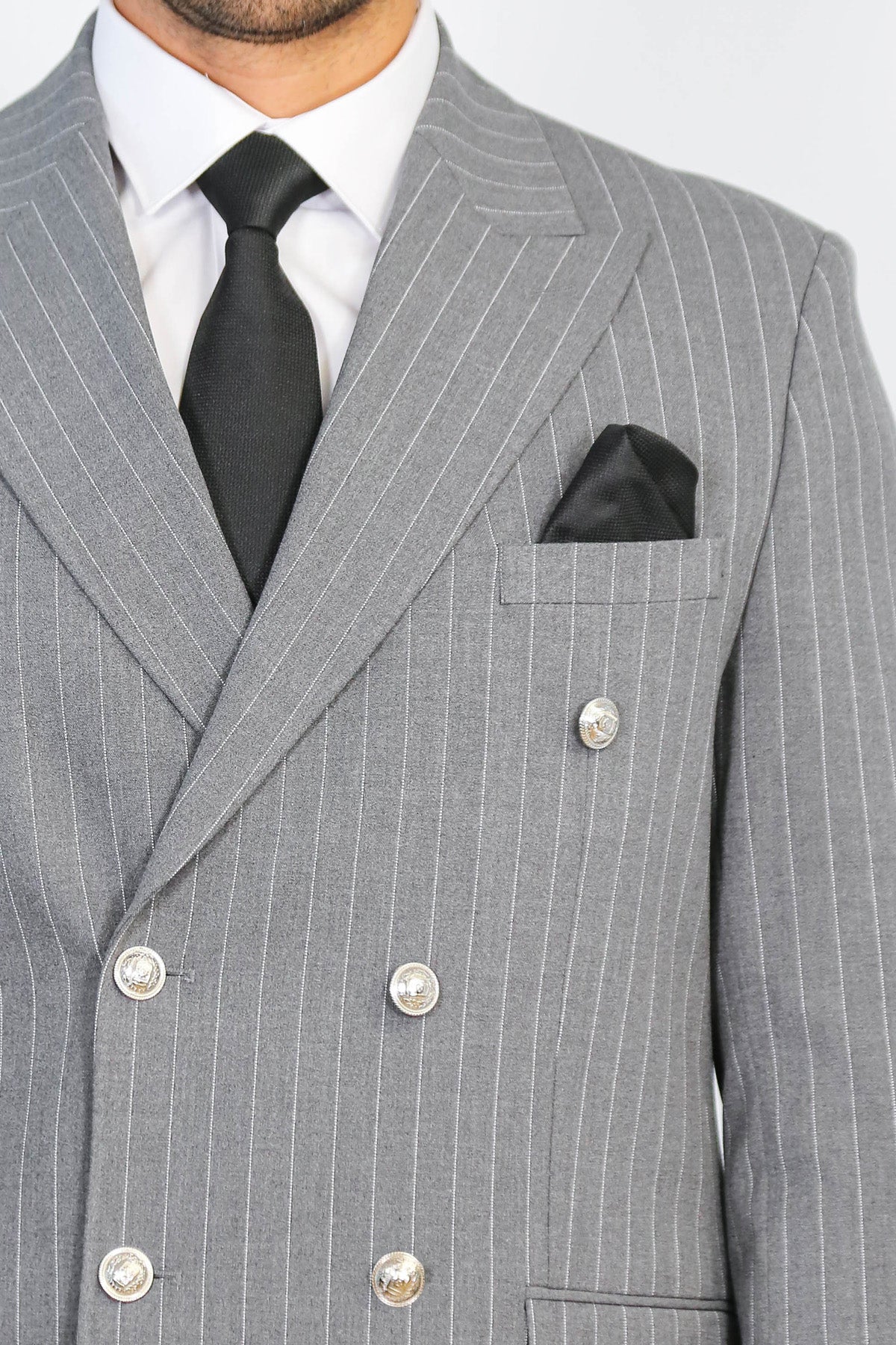 Pinstripe Double Breasted Men’s Grey Suit with Silver Button Details - Wessi