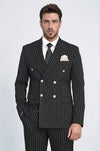 Pinstripe Double Breasted Men’s Black Suit with Silver Button Details - Wessi