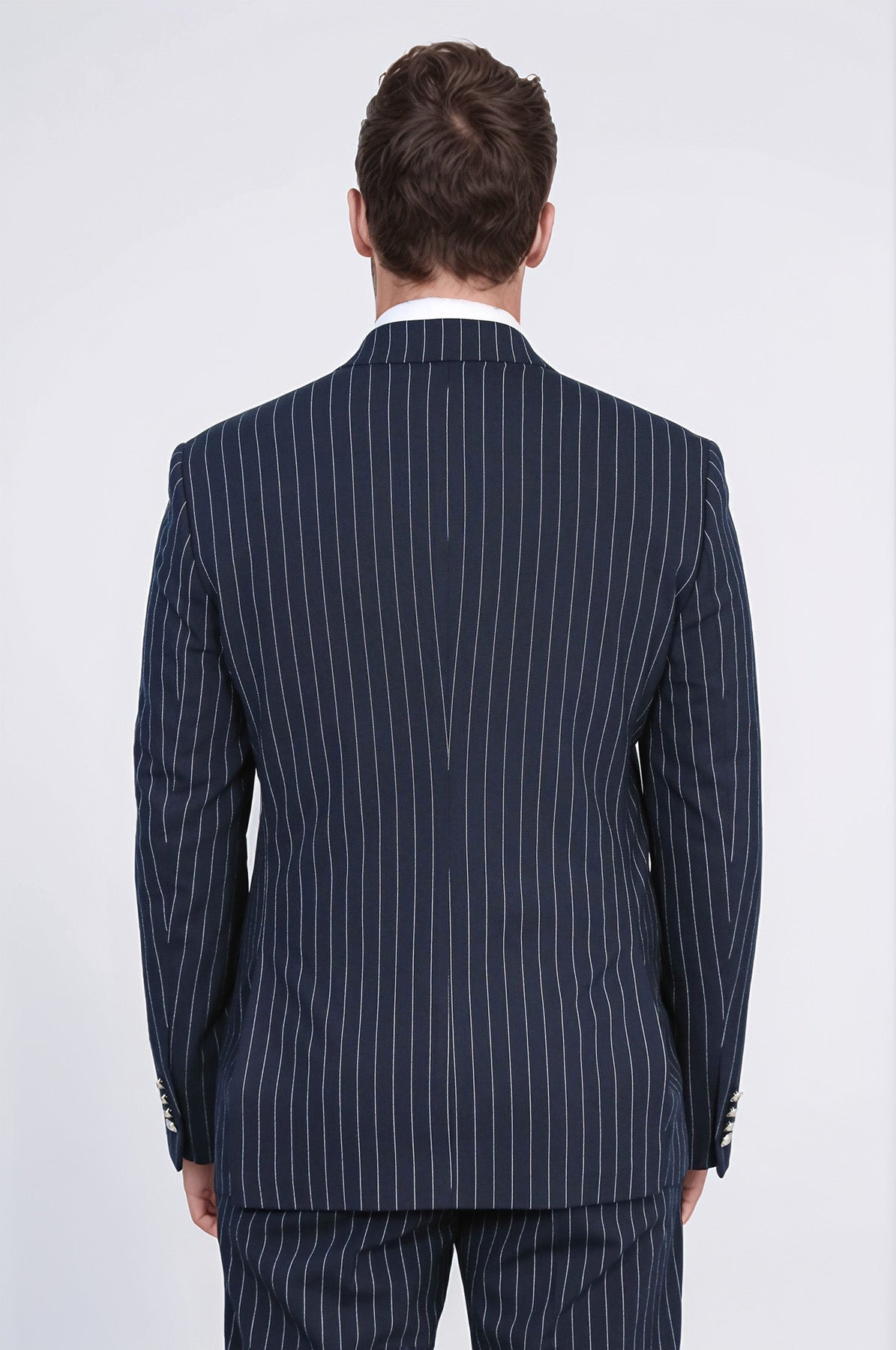 Pinstripe Double Breasted Men’s Navy Blu Suit with Silver Button Details - Wessi
