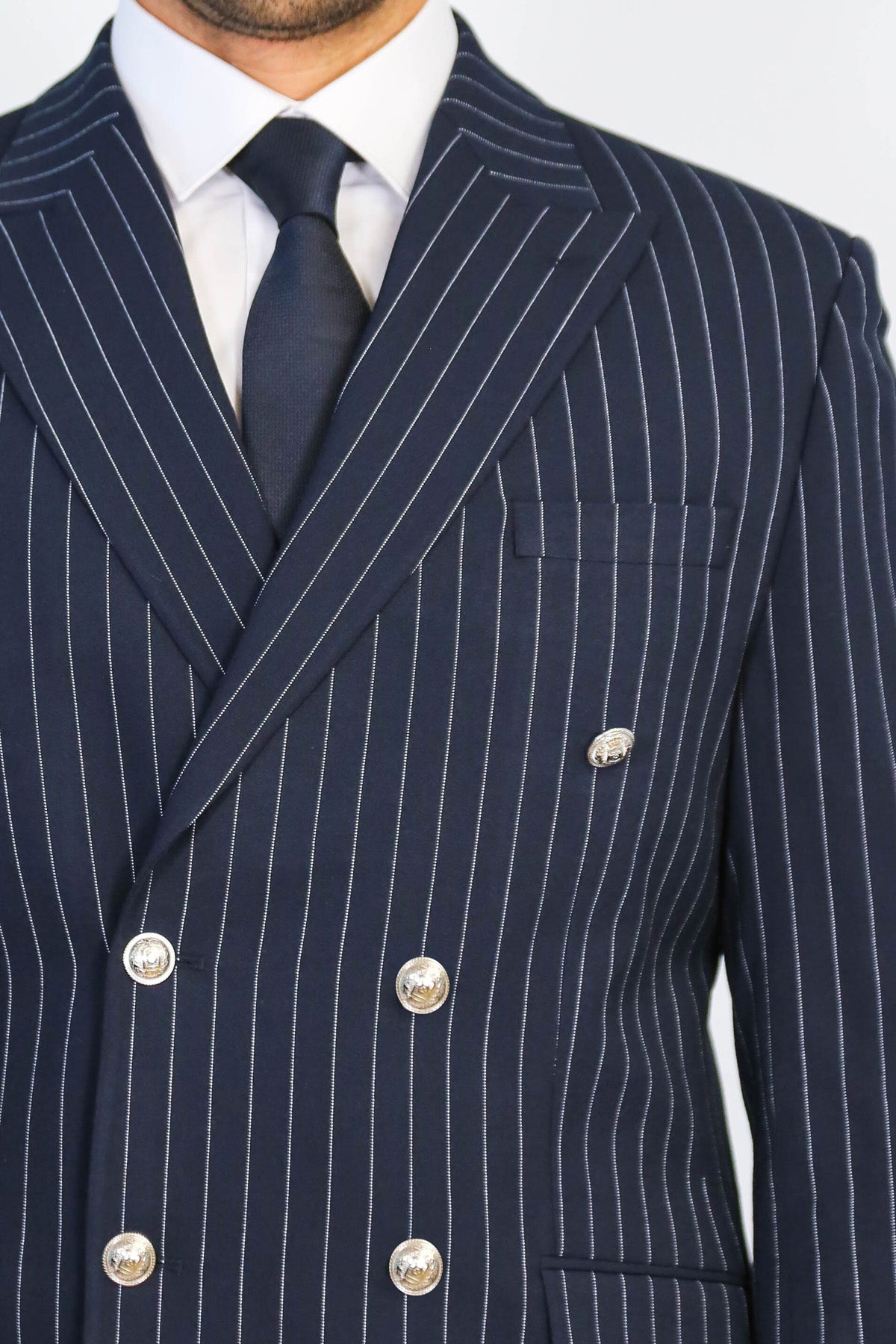 Pinstripe Double Breasted Men’s Navy Blu Suit with Silver Button Details - Wessi