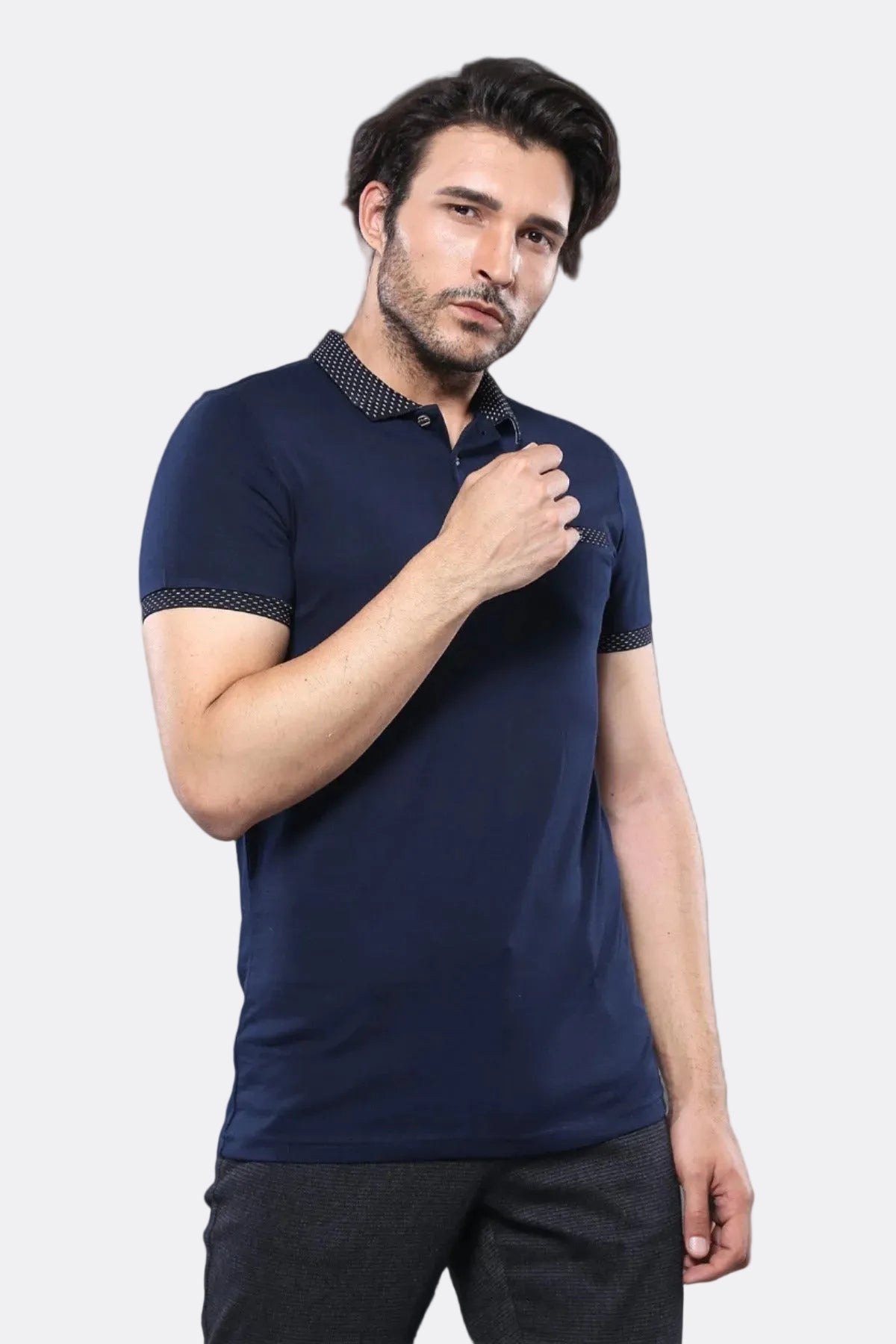 Short Sleeves Neck Patterned Navy Blue Men Polo Shirt