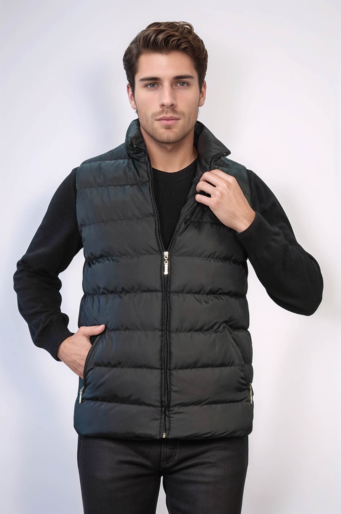 Zippered Pockets Quilted Black Men Winter Down Vest - Wessi