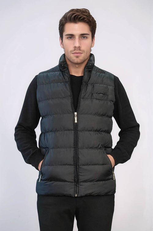 Zippered Pockets Quilted Black Men Winter Down Vest - Wessi