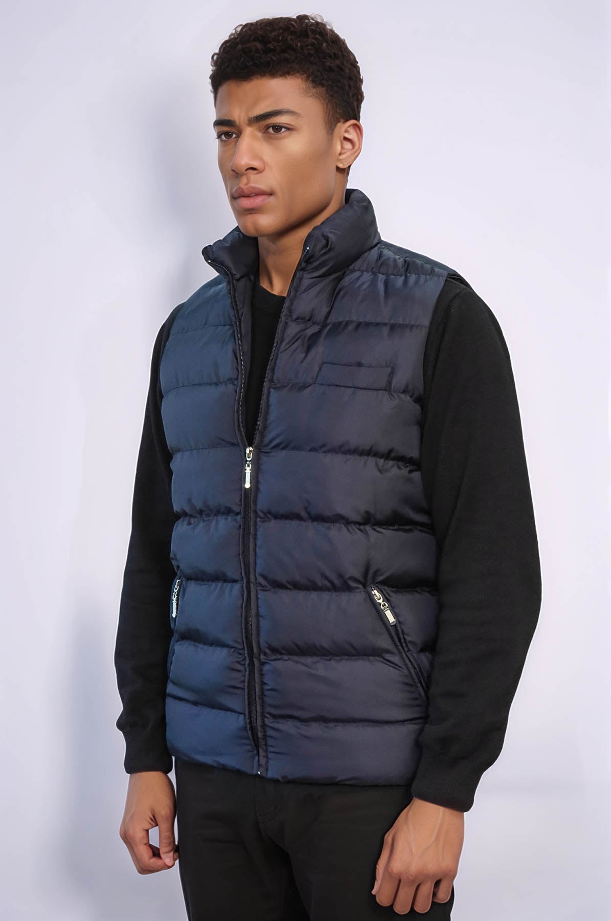 Zippered Pockets Quilted Navy Blue Men Winter Down Vest - Wessi