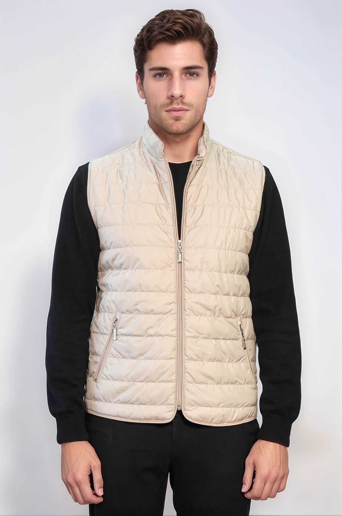 Quilted Sleeveless Beige Men Down Vest - Wessi