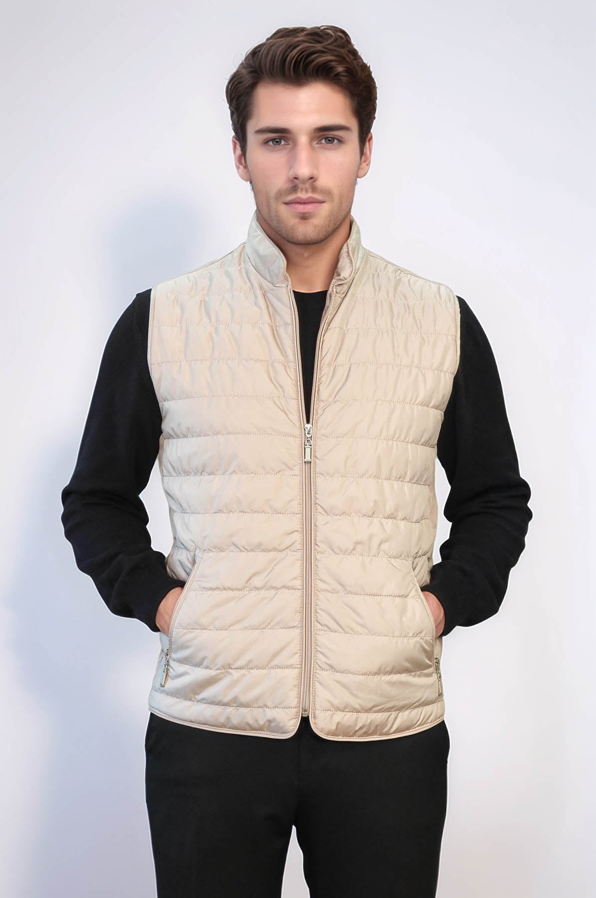 Quilted Sleeveless Beige Men Down Vest - Wessi