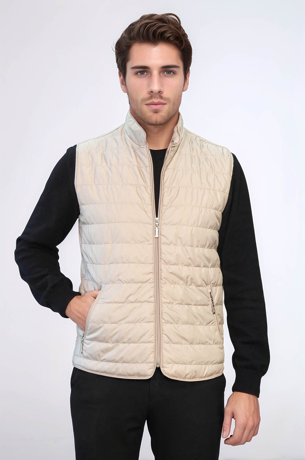 Quilted Sleeveless Beige Men Down Vest - Wessi