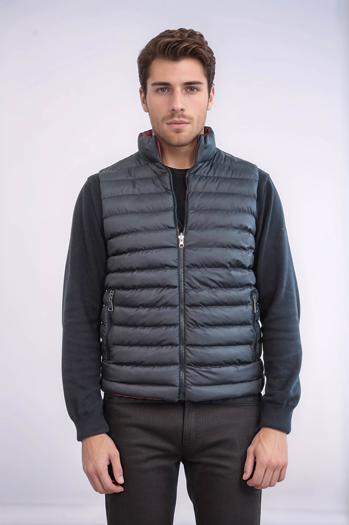 Reversible Quilted Standing Collar Black Men Down Vest - Wessi