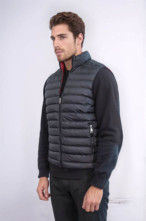 Reversible Quilted Standing Collar Black Men Down Vest - Wessi