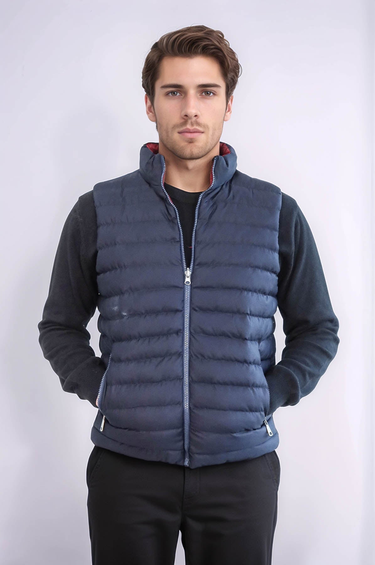 Reversible Quilted Standing Collar Navy Blue Men Down Vest - Wessi
