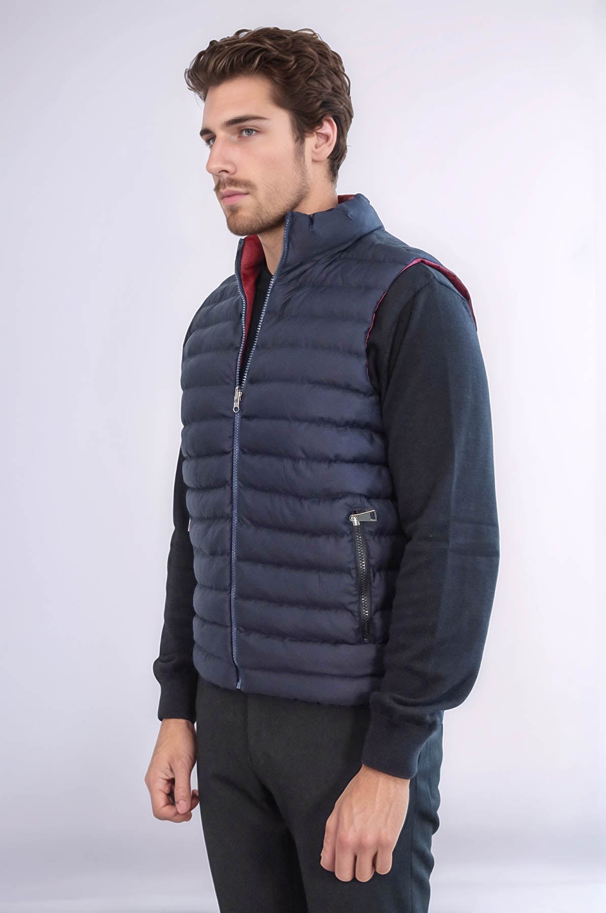 Reversible Quilted Standing Collar Navy Blue Men Down Vest - Wessi
