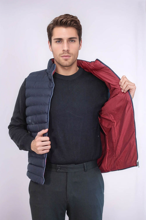 Reversible Quilted Standing Collar Navy Blue Men Down Vest - Wessi