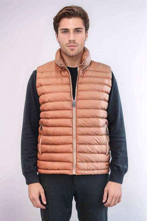 Quilted Zippered Light Brown Men Down Vest - Wessi