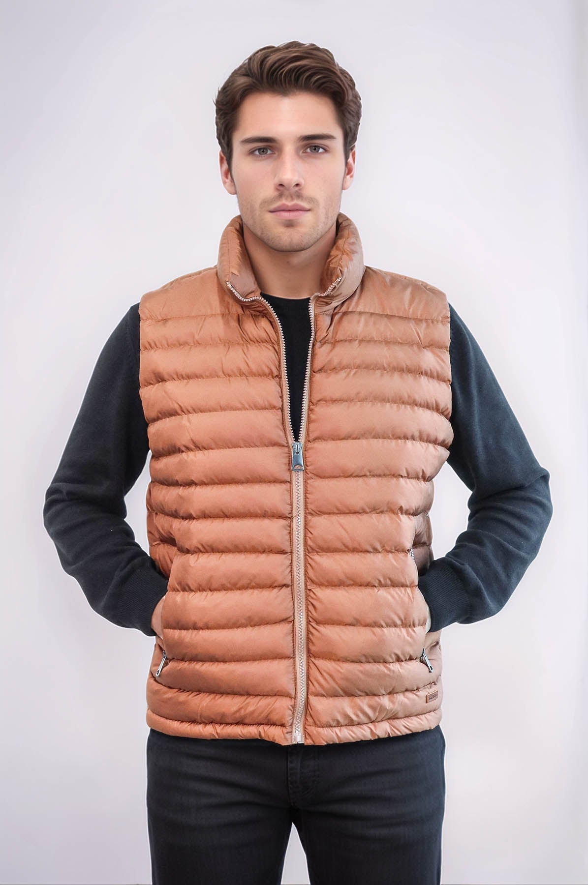 Quilted Zippered Light Brown Men Down Vest - Wessi