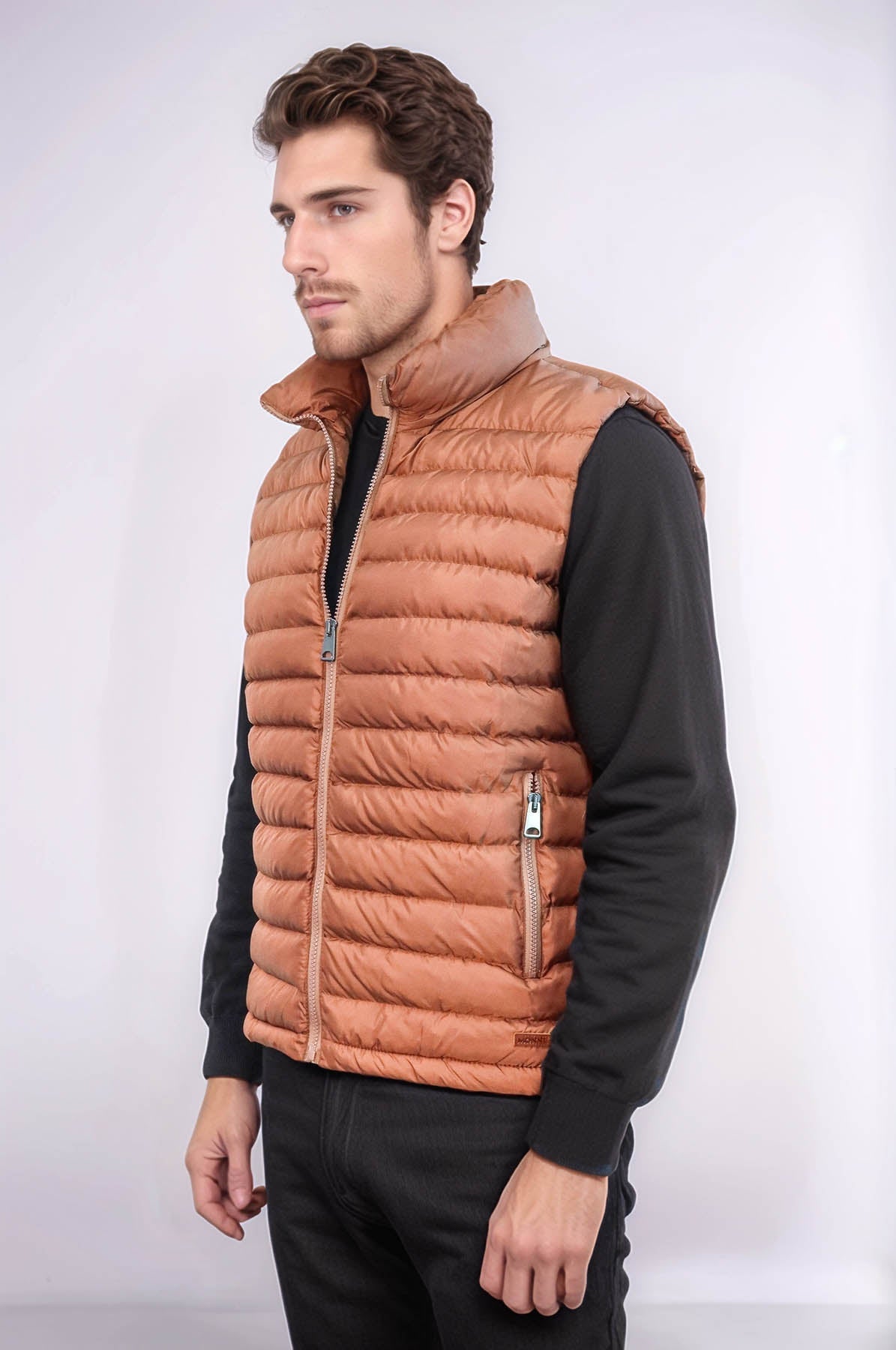 Quilted Zippered Light Brown Men Down Vest - Wessi