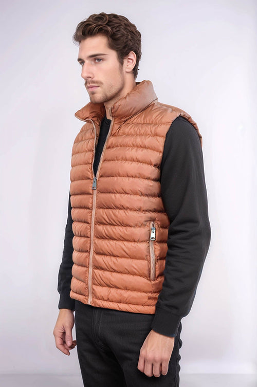 Quilted Zippered Light Brown Men Down Vest - Wessi