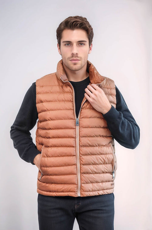 Quilted Zippered Light Brown Men Down Vest - Wessi