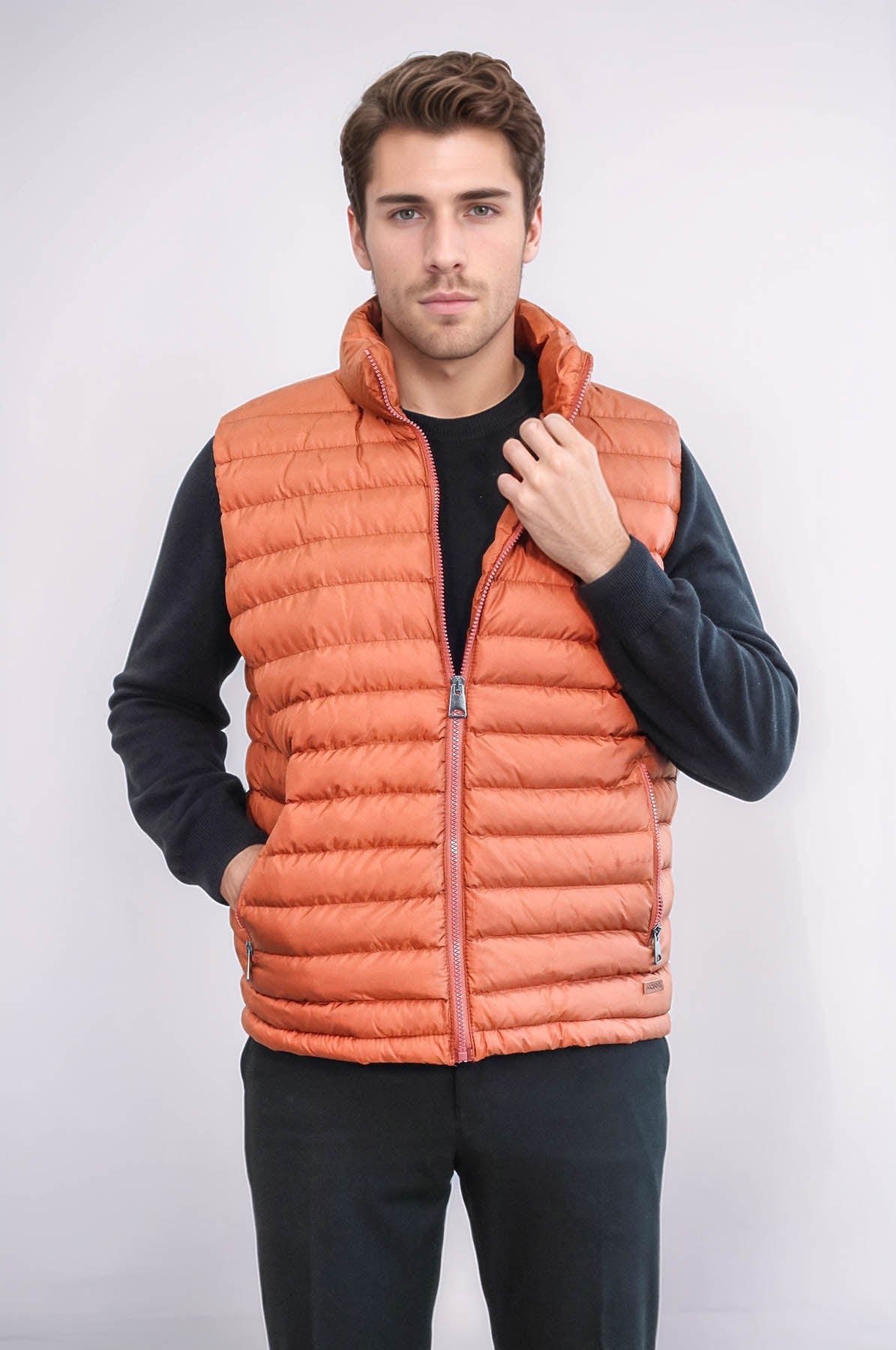 Quilted Zippered Orange Men Down Vest - Wessi