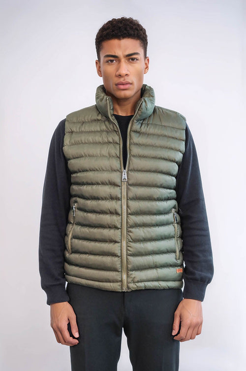 Quilted Zippered Khaki Men Down Vest - Wessi