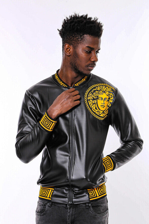 Black Leather Touch Printed Seasonal Coat - Wessi