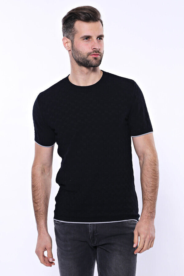 Patterned Tricot Knitted Black Men T-Shirt - Wessi
