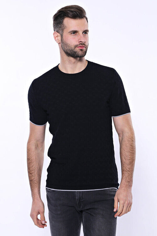 Patterned Tricot Knitted Black Men T-Shirt - Wessi