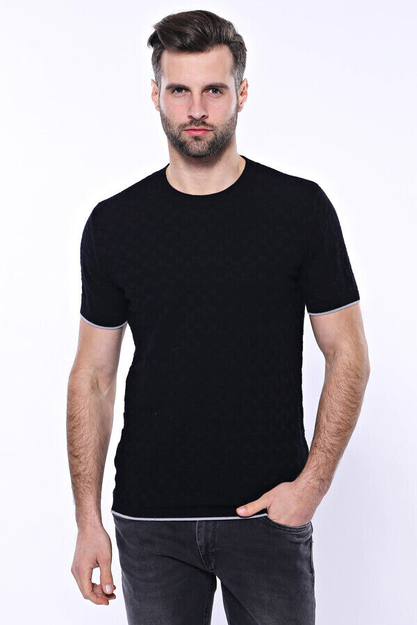 Patterned Tricot Knitted Black Men T-Shirt - Wessi