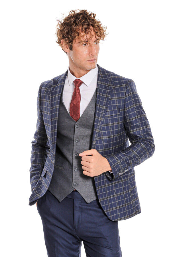 Blue Vested Slim Fit Checked Navy Blue Men Suit - Wessi