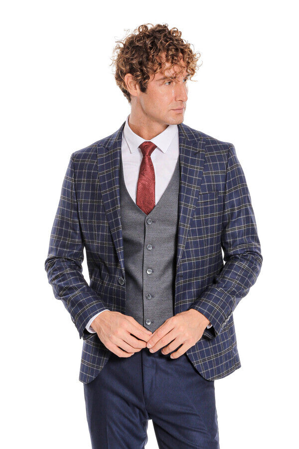 Blue Vested Slim Fit Checked Navy Blue Men Suit - Wessi
