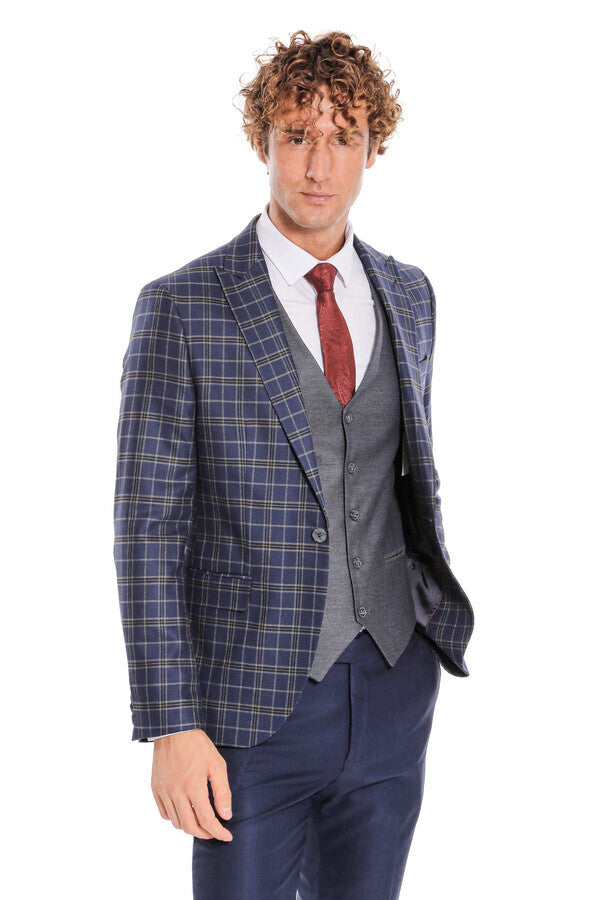 Blue Vested Slim Fit Checked Navy Blue Men Suit - Wessi
