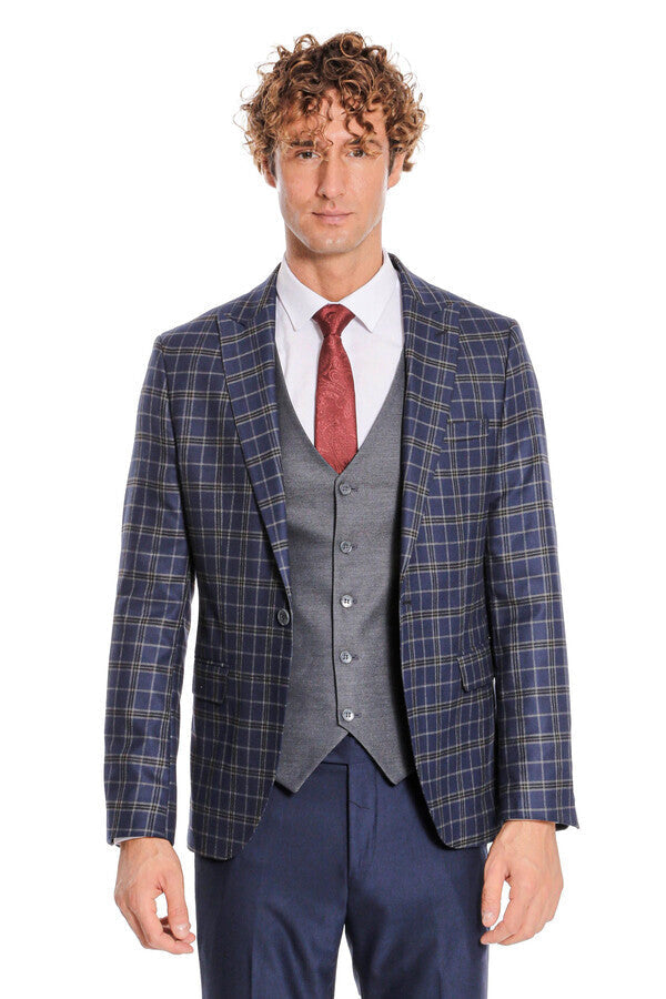 Blue Vested Slim Fit Checked Navy Blue Men Suit - Wessi