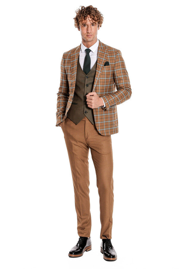Brown Vested Slim Fit Checked Tan Men Suit - Wessi