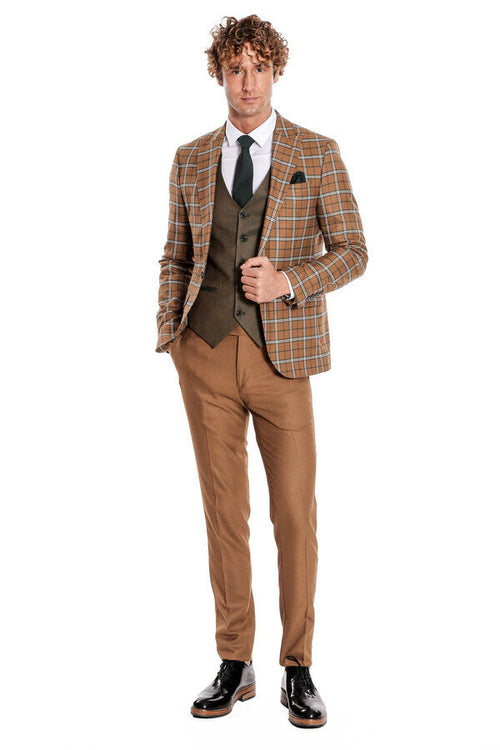 Brown Vested Slim Fit Checked Tan Men Suit - Wessi