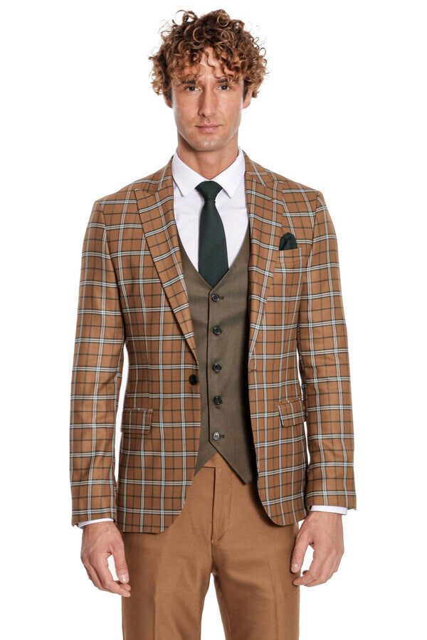 Brown Vested Slim Fit Checked Tan Men Suit - Wessi