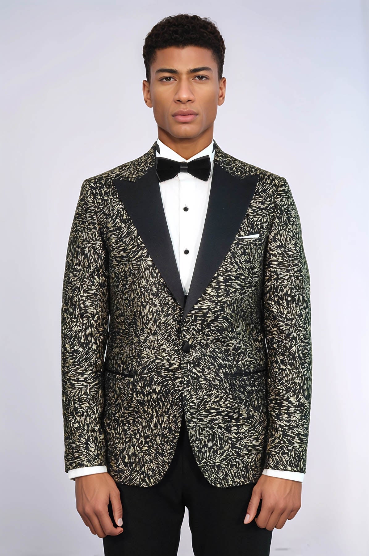 Feather Patterned Slim Fit Black Men Prom Blazer - Wessi