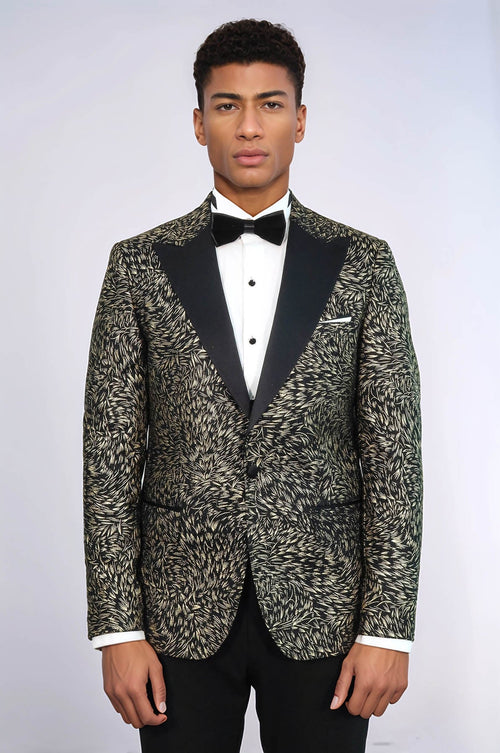 Feather Patterned Slim Fit Black Men Prom Blazer - Wessi