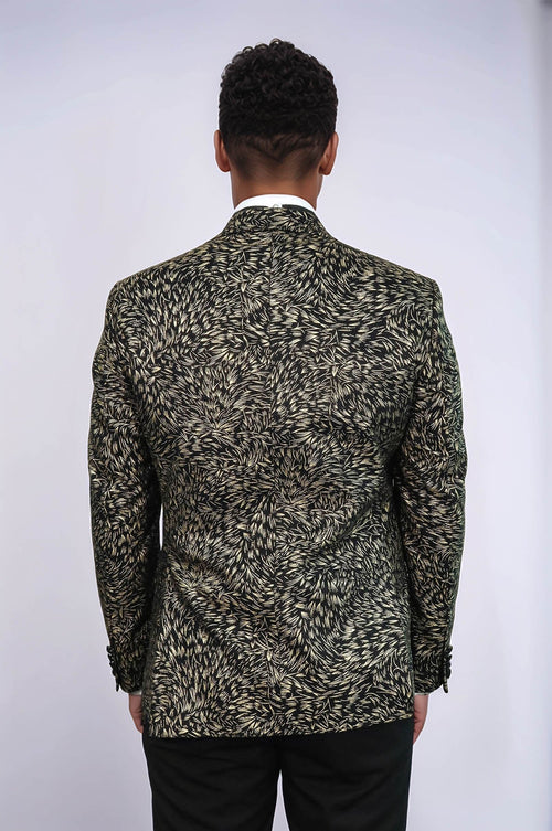 Feather Patterned Slim Fit Black Men Prom Blazer - Wessi
