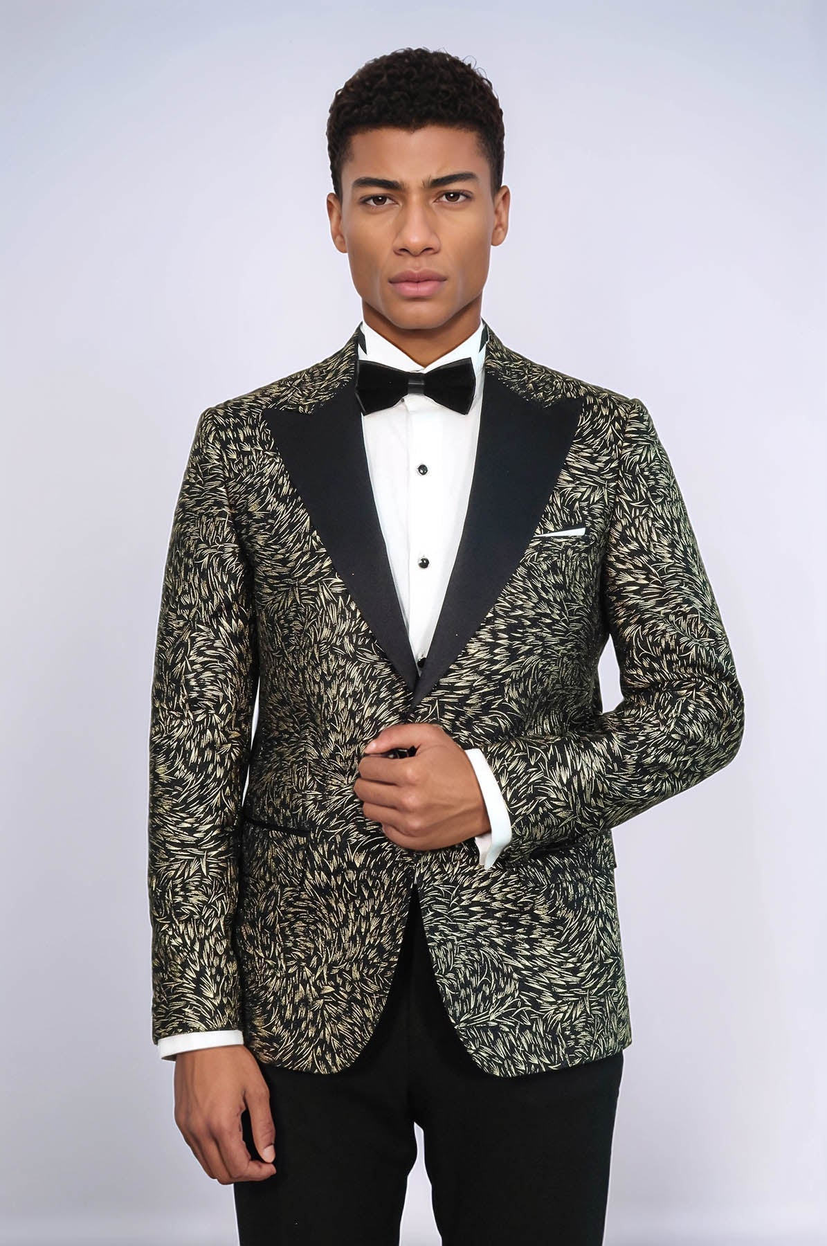 Feather Patterned Slim Fit Black Men Prom Blazer - Wessi
