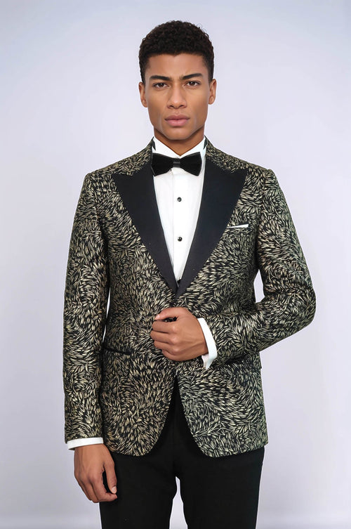 Feather Patterned Slim Fit Black Men Prom Blazer - Wessi
